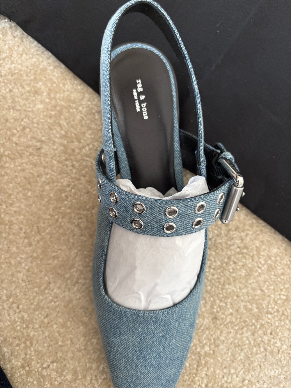 rag & bone Denim Pointed Slingback Flats with Studded Strap. With shoe bag - Picture 2 of 3